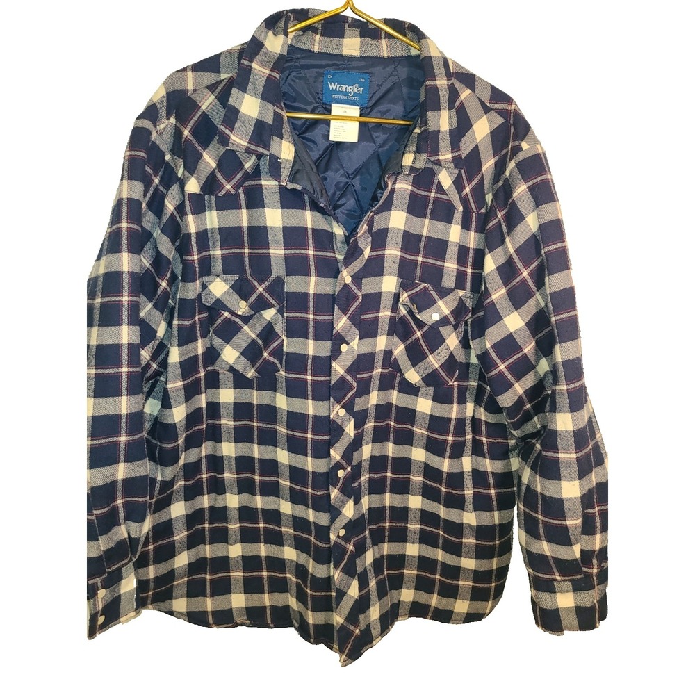 Wrangler Pearl Snap Shirt Mens 2XL Flannel Blue Plaid Long Sleeve Rodeo Barncore